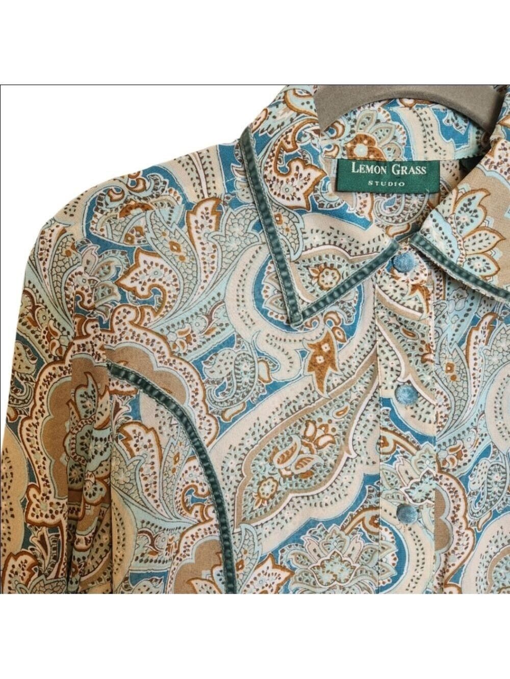 VINTAGE 90s BOHO WESTERN LEMONGRASS STUDIO PAISLY PRINT TOP BLOUSE SMALL - Picture 6 of 9